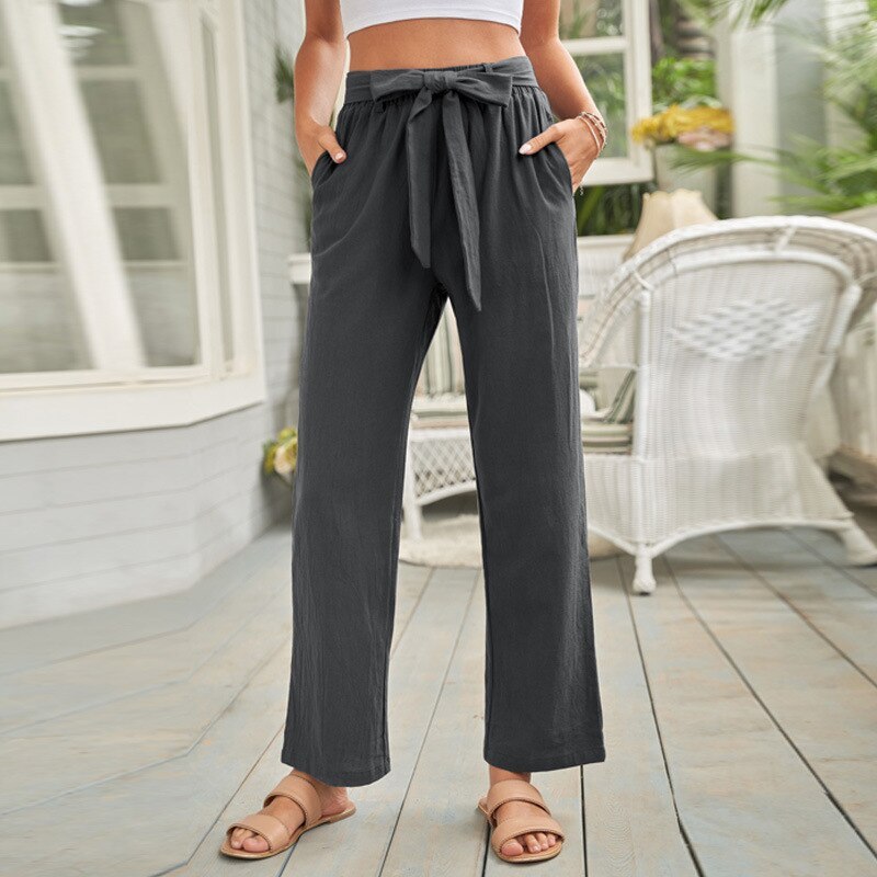 Womens Solid Color Casual Wide-leg Trousers