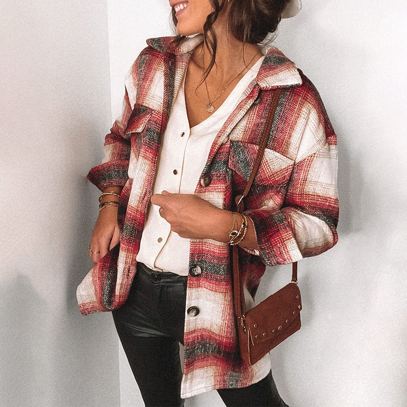 Plaid Stitching Lapel Long Sleeve Shirt Women