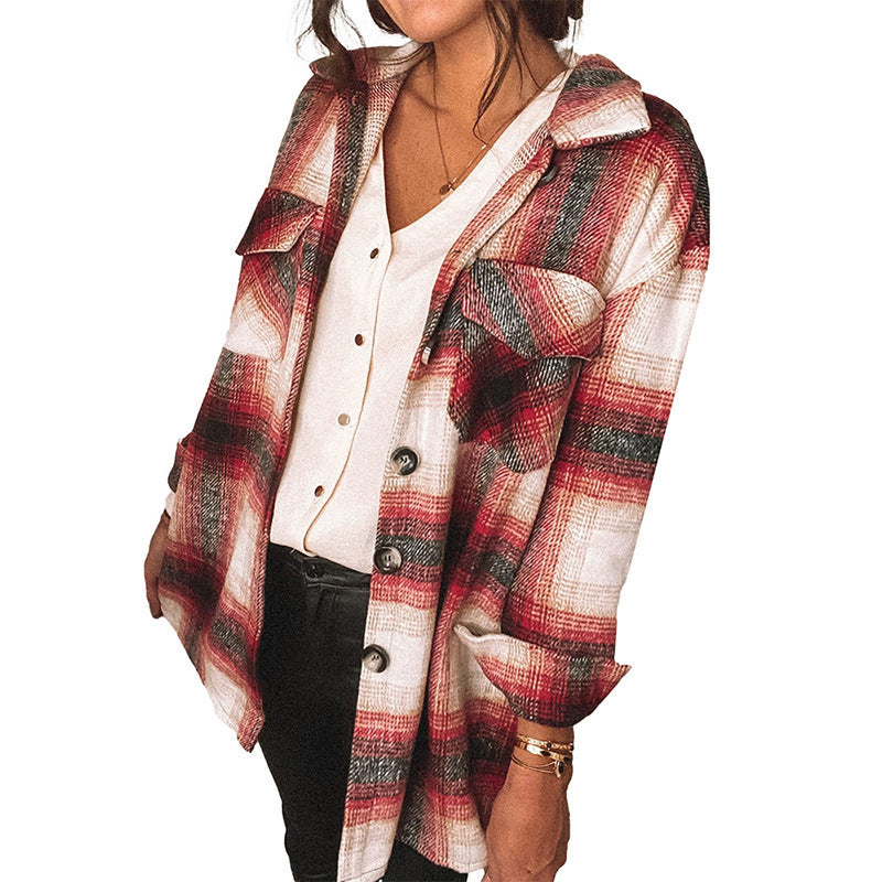 Plaid Stitching Lapel Long Sleeve Shirt Women