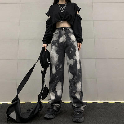 Womens Straight High Waist Slim Tie Dye Black Wide Leg Daddy Jeans