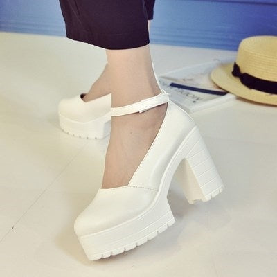 Womens Pumps Shoes Ankle Strap Thick With Heel Platforms