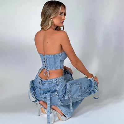 2Pcs Denim Suits Summer Sexy Backless Tube Top And Multi-pocket Straight Trousers Fashion Long Pants Suit Womens Clothing