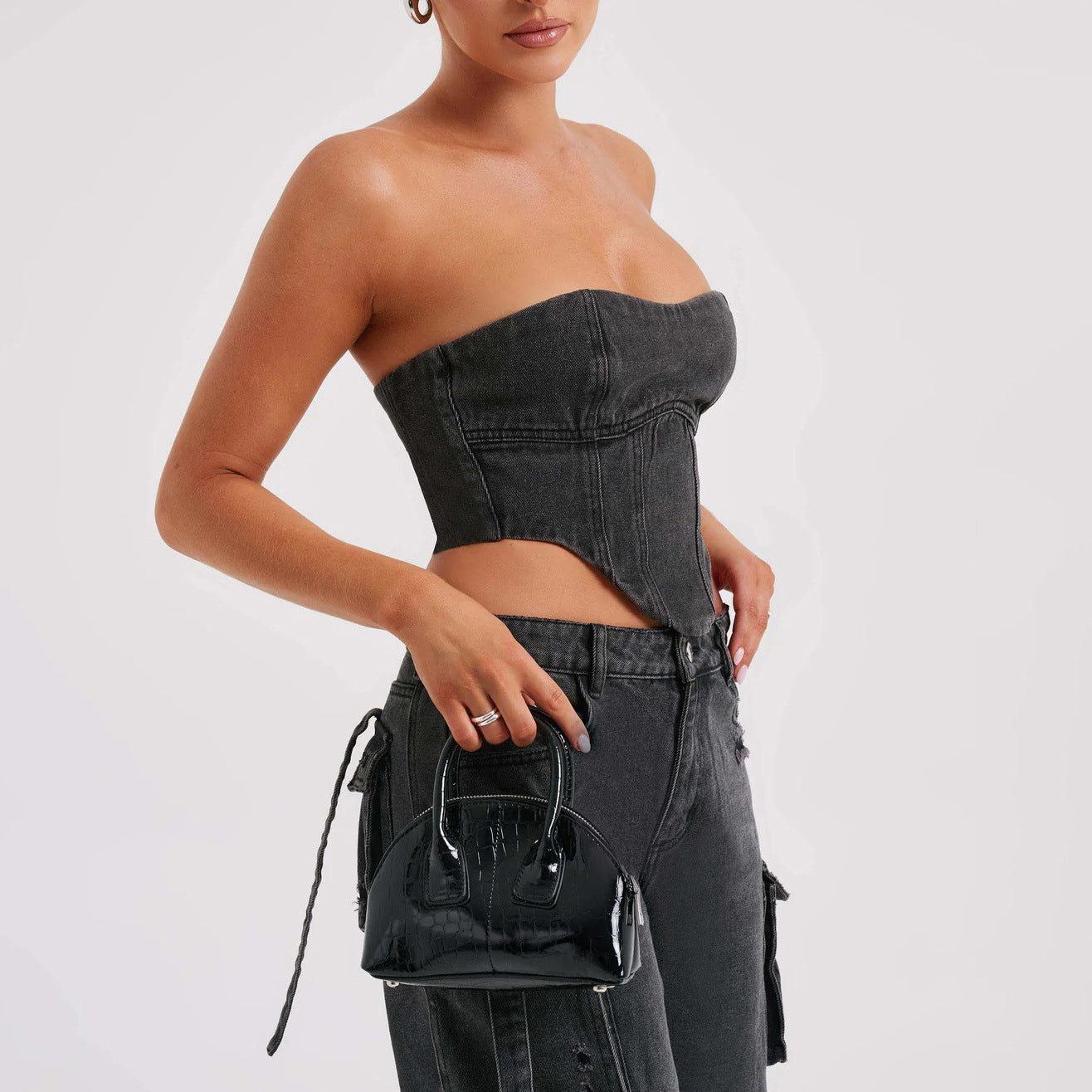 2Pcs Denim Suits Summer Sexy Backless Tube Top And Multi-pocket Straight Trousers Fashion Long Pants Suit Womens Clothing