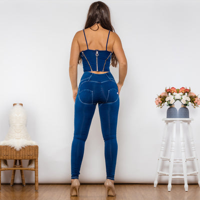 Shascullfites Shaper Set Bodysuit Dark Blue Denim Zipper Body Shaper High Waist Button Style Jeans Two Piece Sets Womens