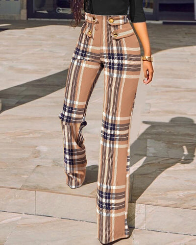 Womens Mid Waist Plaid Tight Fitting Cut Out Sports Trousers