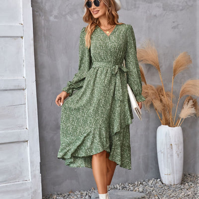 Flowers Print Long Sleeve Dress Fashion Ruffled Commuter Temperament Dresses Womens Clothing