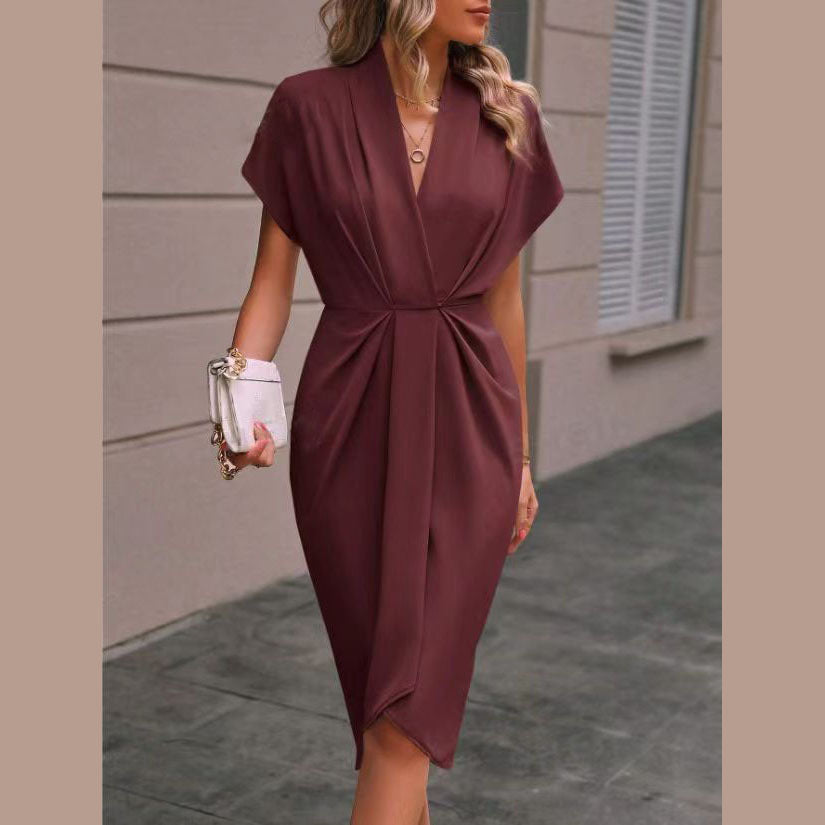 Summer Batwing Sleeve Dress Fashion V-neck Short Sleeve Pleated Dresses Womens Clothing