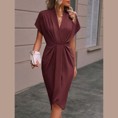 Summer Batwing Sleeve Dress Fashion V-neck Short Sleeve Pleated Dresses Womens Clothing