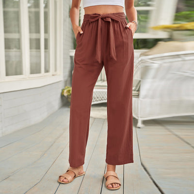 Womens Solid Color Casual Wide-leg Trousers