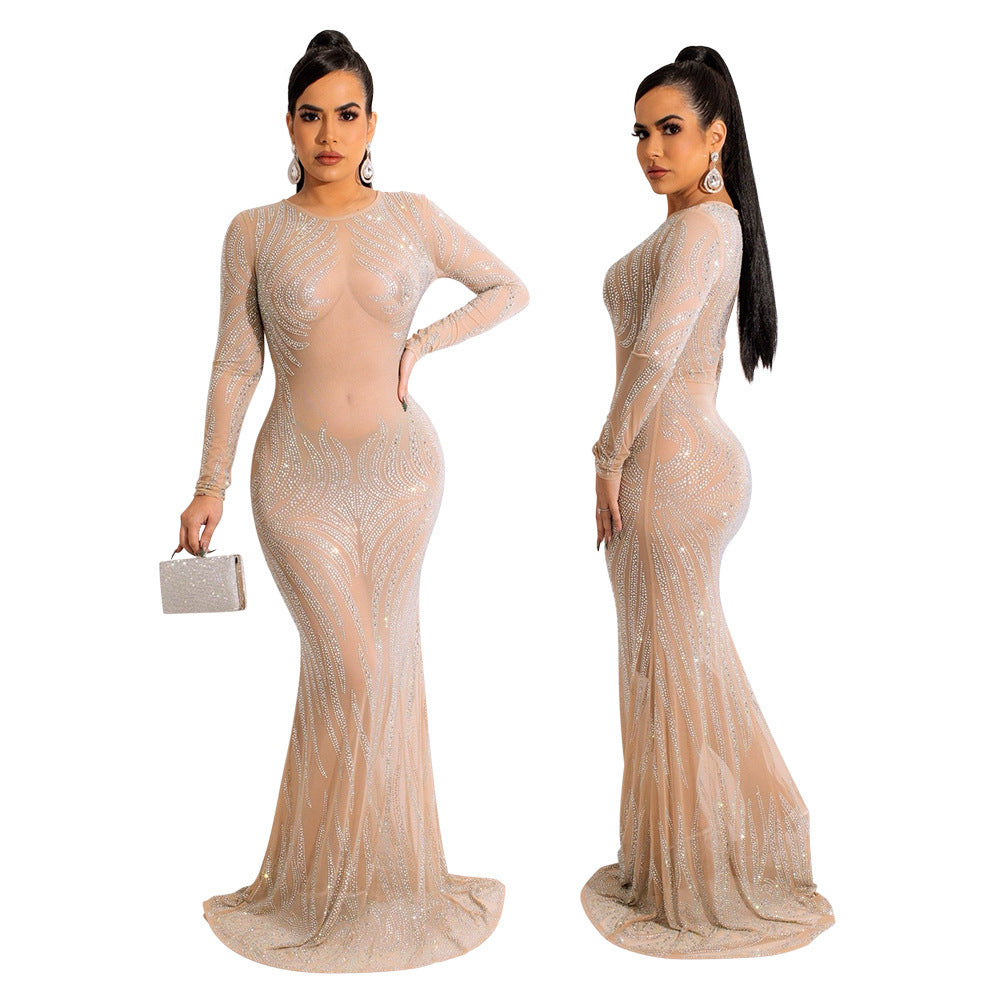 Banquet Red Carpet See-through Rhinestone Fishtail Dress