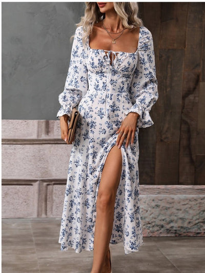 Flowers Printing Long Sleeve Dress Fashion Square-neck Bottom Slit Dresses Womens  Clothing