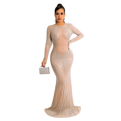 Banquet Red Carpet See-through Rhinestone Fishtail Dress