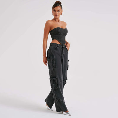 2Pcs Denim Suits Summer Sexy Backless Tube Top And Multi-pocket Straight Trousers Fashion Long Pants Suit Womens Clothing