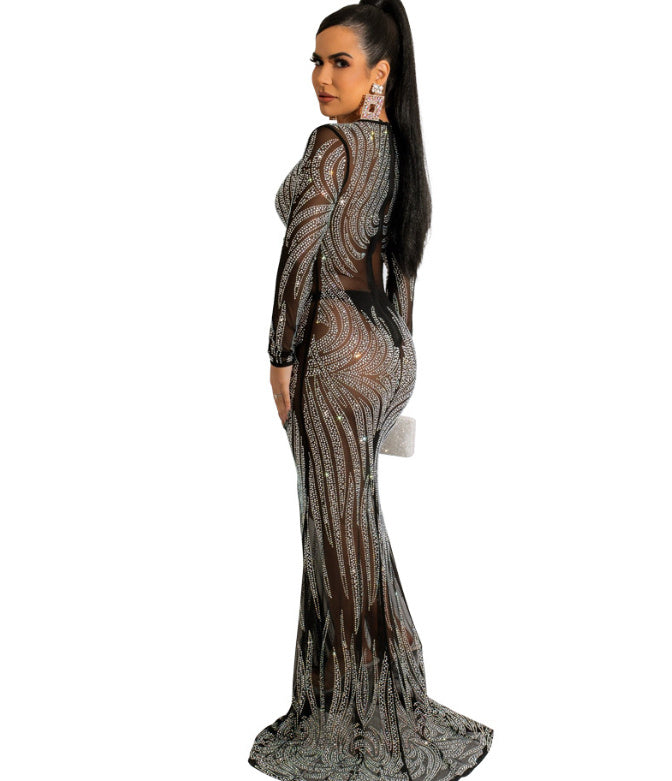 Banquet Red Carpet See-through Rhinestone Fishtail Dress