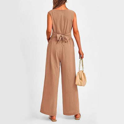 New V-neck Sleeveless Long Jumpsuit With Pockets And Lace-up Design Wide-leg Straight Trousers Summer Womens Clothing